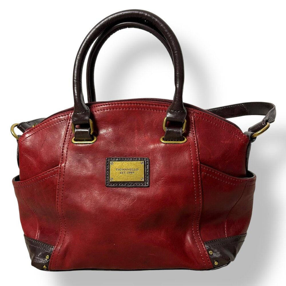 Tignanello Burgundy Leather Satchel Brown Leather Handles Trim Shoulder Strap